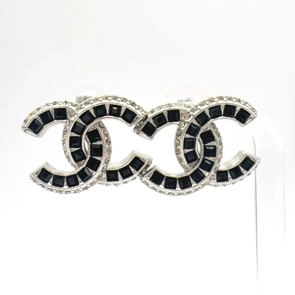 Chanel Coco Mark Earrings Silver Black Rhinestone